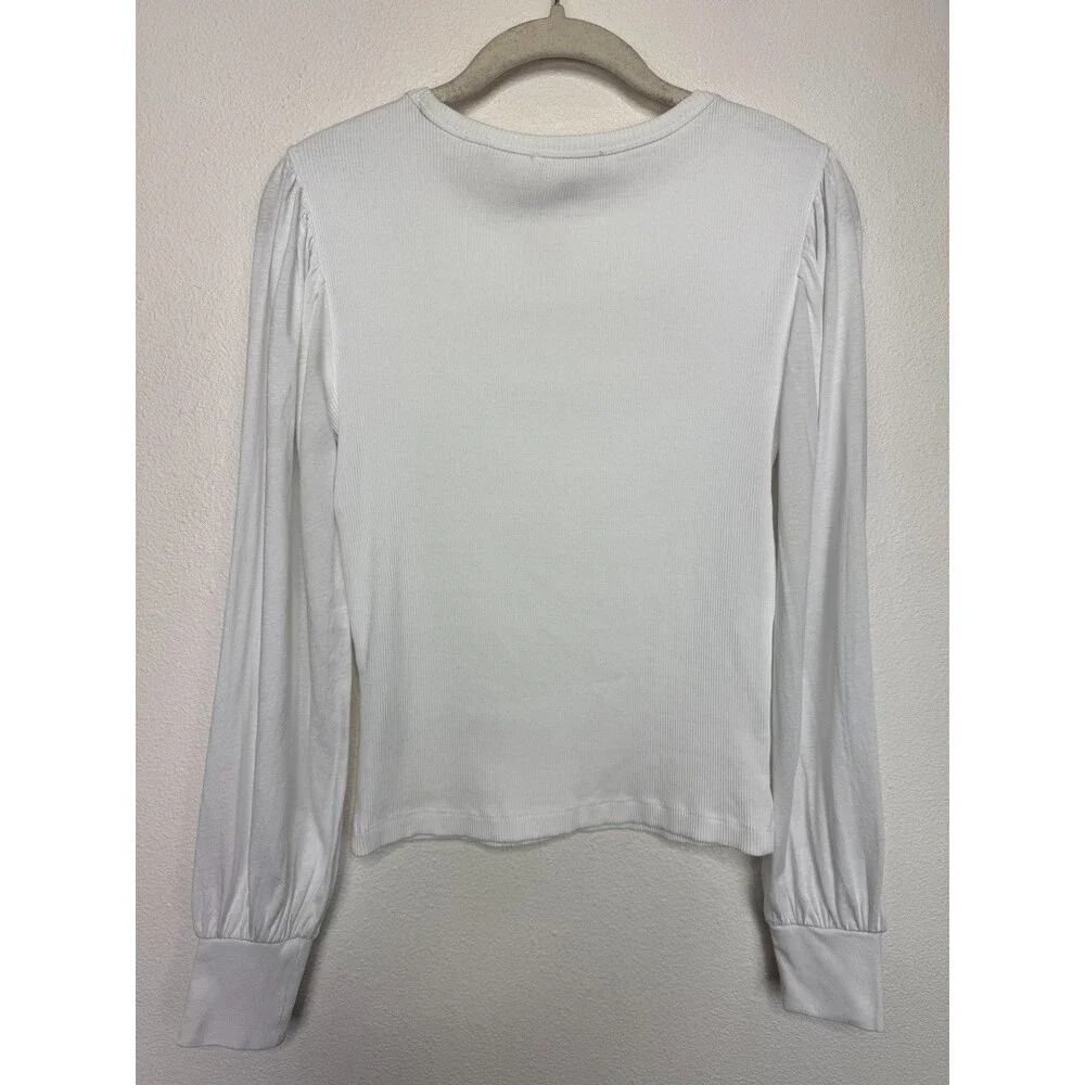 Madewell XXS Ribbed Puff Sleeve Top White 100% Cotton Slim Fit Round Neck NWT
